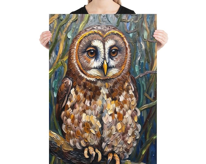 Barred Owl Wall Art Print | Van Gogh Inspired Owl Painting | Woodland Bird Artwork | Nature Decor Poster | Forest Owl Gift