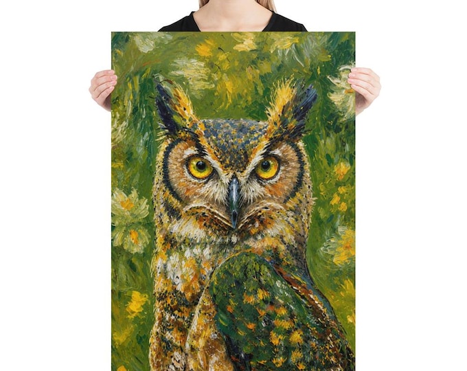 Great Horned Owl Poster | Monet-Inspired Owl Wall Art | Wildlife Nature Print | Woodland Decor | Museum Style Artwork | Bird Lover Gift