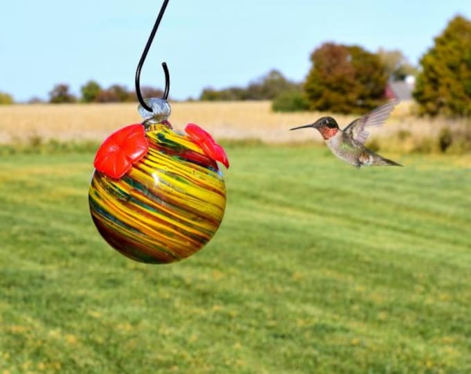 Hummingbird Feeder Rainbow Swirl Glass  S Hook Included