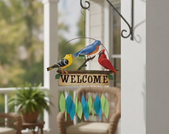 Songbird Welcome Wind Chime, Colorful Garden Decor, Bird Lover Gift, Outdoor Hanging Chime