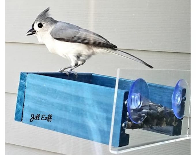 Petite Blue Window Bird Feeder, Wooden Suction Cup Feeder, Small Bird Watching Feeder