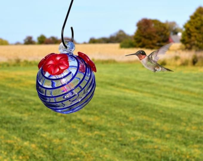 Hummingbird Feeder | 8 oz Nectar Feeder | Colorful Blown Glass Garden Decor | Outdoor Hanging Bird Feeder | Includes S-Hook