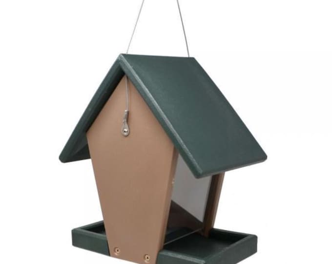 Recycled Plastic Small Hopper Bird Feeder | Hunter Green & Driftwood Hanging Seed Feeder | Eco-Friendly Wild Bird Feeder |