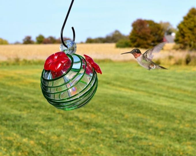 Hummingbird Feeder | 8 oz Nectar Feeder | Colorful Blown Glass Garden Decor | Outdoor Hanging Bird Feeder | Includes S-Hook