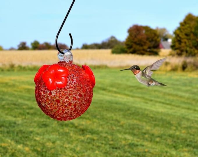Hummingbird Feeder Red Textured Glass hand-blown glass