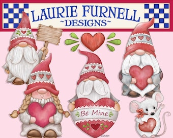 Valentine Gnome Clip Art, Valentine Clip Art, Laurie Furnell, Gnome Digital Art Watercolor Gnomes, Valentine's Day Clip Art, Valentine's Day