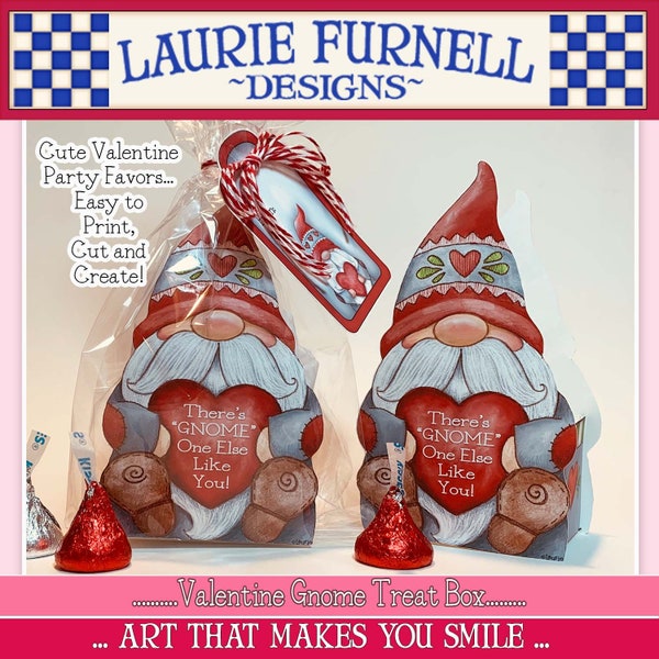 Gnome Treat Box, Valentine Gnome Treat Box, Laurie Furnell, Valentine's Day Printable, Valentine Craft Kit. Watercolor Gnomes,
