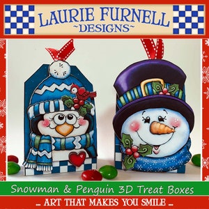 Scatole per dolcetti a forma di pinguino, Scatole per dolcetti a forma di pupazzo di neve, Scatole per dolcetti per le feste, Bomboniere natalizie, Clip art natalizie, Laurie Furnell, Confezioni natalizie