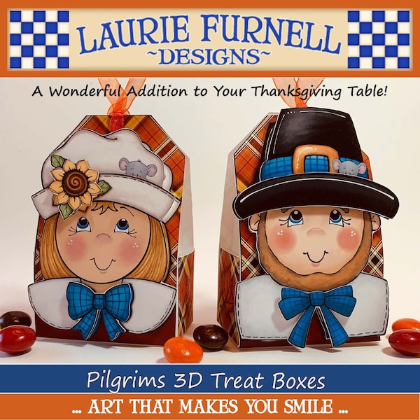 Thanksgiving Treat Box, Pilgrim Treat Box, Thanksgiving Printables, Laurie Furnell, Pilgrim Girl Clip Art. Pilgrim Boy Clip Art,