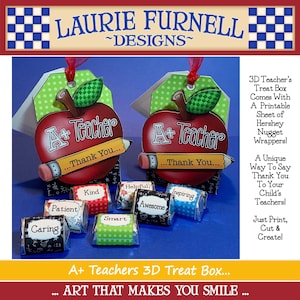 May include: Printable 3D treat box shaped like an apple with the text "A+ Teacher...Thank You..." and a pencil. The box comes with a sheet of Hershey nugget wrappers with different teacher-themed words like "Kind", "Helpful", "Patient", "Caring", "Smart", "Awesome", and "Inspiring".
