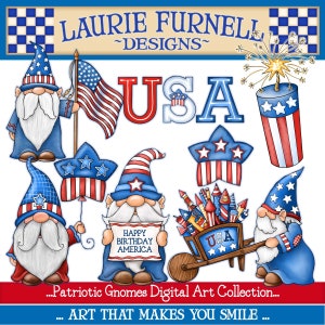 Pu&ograve; includere: Una collezione di arte digitale con gnomi patriottici con accenti rosso, bianco e blu. Gli gnomi tengono bandiere americane, fuochi d'artificio e un cartello che dice "Buon compleanno America". La collezione include anche la parola "USA" in grandi lettere.