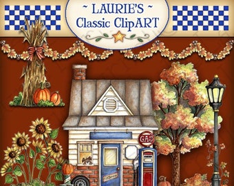 Autumn Village Digital Art, Autumn PNG, Fall Clipart, Laurie Furnell, Art For Scrapbooking, Fall Papercraft, autumn village, Scarecrow PNG