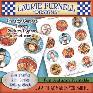 Thanksgiving Collage Sheet, 2 inch circles for collage, Cupcake toppers, fall clipart, Autumn clipart, Laurie Furnell, scarecrows, pumpkins