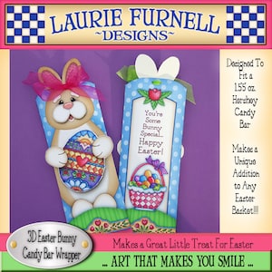Puede incluir: Una plantilla de artesanía imprimible para envolver una barra de chocolate de Pascua en forma de conejo en 3D. La plantilla presenta un conejo sosteniendo un huevo de Pascua y una cesta de huevos de Pascua. El texto "You're Some Bunny Special... Happy Easter!" está en la plantilla. La plantilla está diseñada para adaptarse a una barra de chocolate Hershey de 1,55 oz.