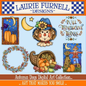 May include: A digital art collection featuring autumn-themed illustrations. The collection includes a scarecrow, a cornucopia overflowing with fruit and vegetables, a wreath, a crescent moon, and a sign that reads "In All Things Give Thanks".