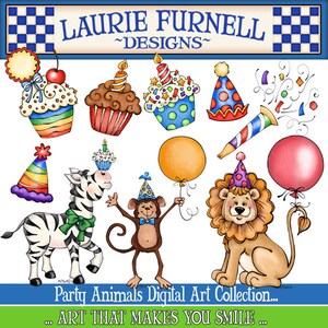 May include: A digital clipart collection featuring party animals wearing party hats. The collection includes a zebra, a monkey, a lion, cupcakes, balloons, and a party horn. The text "Party Animals Digital Art Collection... ART THAT MAKES YOU SMILE..." is at the bottom of the image.