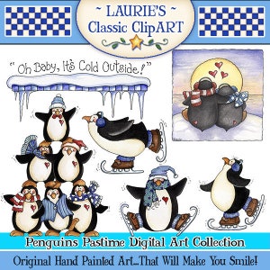 Images clipart pingouin, Laurie Furnell, clipart hiver, clipart neige, art pingouin mignon, art numérique pingouin, pingouin en ski, pingouin en train de patiner