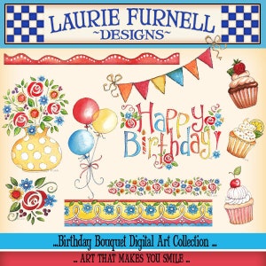 May include: A digital art collection of birthday themed illustrations. The collection includes a bouquet of flowers in a yellow polka dot vase, balloons, a banner, cupcakes, and a floral border. The text "Happy Birthday!" is featured in a colorful font.