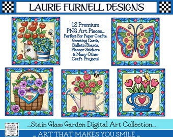 Stain Glass Garden Clip Art, Spring Clip Art, Floral Clip Art, Whimsical Flower PNG, Art For Stickers, Papercraft Designs, Scrapbook Page