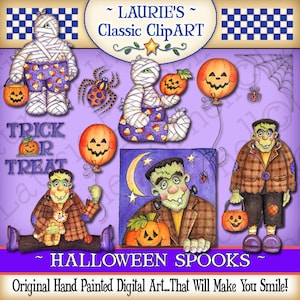 K&ouml;nnte beinhalten: Ein Satz digitaler Clipart-Bilder mit Halloween-Charakteren. Die Bilder zeigen eine Mumie, die einen K&uuml;rbis h&auml;lt, ein Frankenstein-Monster, das einen K&uuml;rbis h&auml;lt, ein Frankenstein-Monster mit einer Katze und einen K&uuml;rbis-Luftballon. Der Text "TRICK OR TREAT" ist ebenfalls im Bild enthalten.