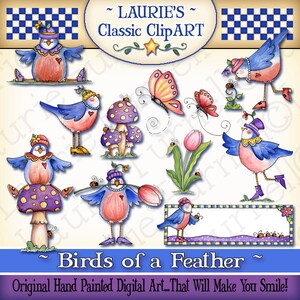 May include: A set of digital clip art images featuring whimsical cartoon birds with colorful hats and accessories. The birds are depicted in various poses, including standing on mushrooms, holding flowers, and flying. The images are hand-painted and have a cheerful, whimsical style. The text "Birds of a Feather" is included in the image.