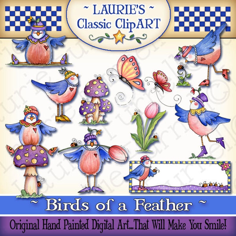 May include: A set of digital clip art images featuring whimsical cartoon birds with colorful hats and accessories. The birds are depicted in various poses, including standing on mushrooms, holding flowers, and flying. The images are hand-painted and have a cheerful, whimsical style. The text "Birds of a Feather" is included in the image.