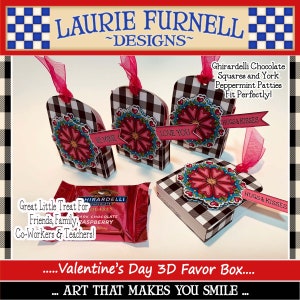 May include: Valentine's Day favor boxes with a black and white checkered pattern and red and pink floral designs. The boxes have different sayings on them, including "Be Mine", "Love You", and "Hugs & Kisses". A Ghirardelli chocolate bar is also shown in the image.