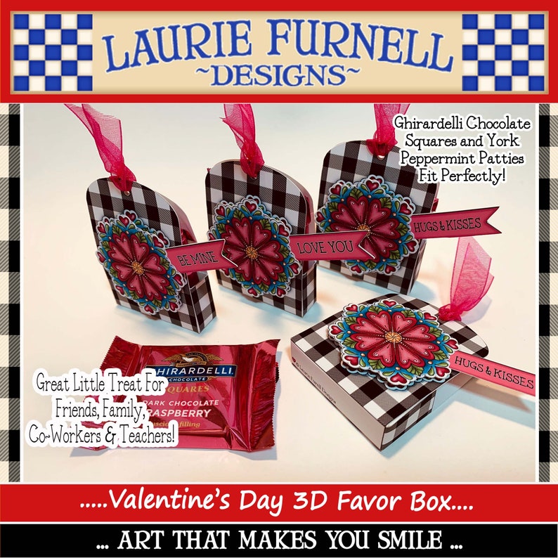 May include: Valentine's Day favor boxes with a black and white checkered pattern and red and pink floral designs. The boxes have different sayings on them, including "Be Mine", "Love You", and "Hugs & Kisses". A Ghirardelli chocolate bar is also shown in the image.