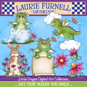 May include: A digital art collection featuring illustrations of cute green dragons in various poses. One dragon is hatching from an egg, another is flying in the clouds, and a third is holding a blank scroll. The illustrations are surrounded by pink flowers and butterflies.