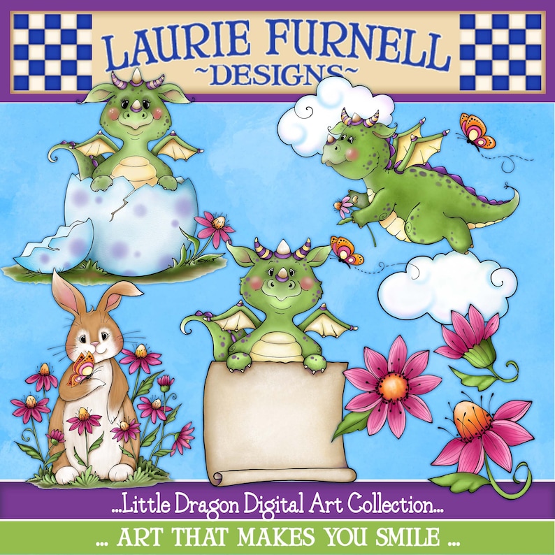 May include: A digital art collection featuring illustrations of cute green dragons in various poses. One dragon is hatching from an egg, another is flying in the clouds, and a third is holding a blank scroll. The illustrations are surrounded by pink flowers and butterflies.