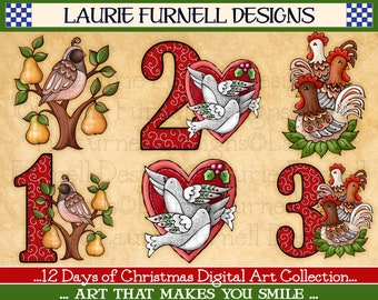 12 Days of Christmas Clip Art, Christmas Clip Art, Holiday Graphics, Christmas pngs, Laurie Furnell, Christmas Ornament Art, Card Making Art