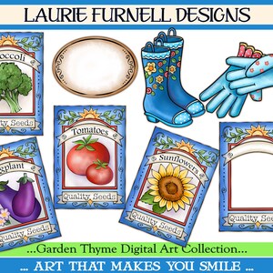 Pu&ograve; includere: Un set di illustrazioni digitali per il giardinaggio, con pacchetti di semi per broccoli, pomodori, melanzane, girasoli e un pacchetto di semi vuoto. Le illustrazioni sono in stile cartone animato con colori vivaci e dettagli fantasiosi. Il testo sui pacchetti di semi recita "Quality Seeds".