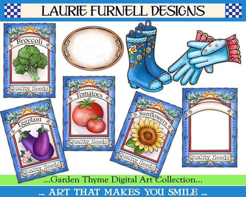 Pu&ograve; includere: Un set di illustrazioni digitali per il giardinaggio, con pacchetti di semi per broccoli, pomodori, melanzane, girasoli e un pacchetto di semi vuoto. Le illustrazioni sono in stile cartone animato con colori vivaci e dettagli fantasiosi. Il testo sui pacchetti di semi recita "Quality Seeds".