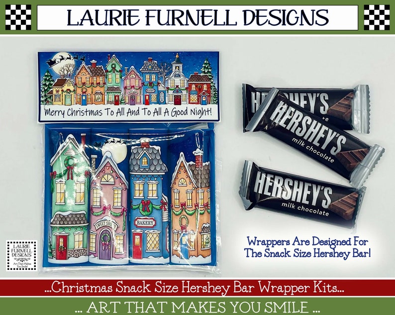 May include: A set of printable Christmas-themed wrappers for Hershey's snack-size chocolate bars. The wrappers feature a colorful illustration of a winter village with houses, snow, and a starry night sky. The text "Merry Christmas To All And To All A Good Night!" is printed on the top of the wrapper.