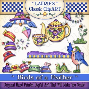 May include: A set of digital clip art images featuring a variety of whimsical illustrations, including birds, hats, a teapot, a teacup, a caterpillar, and a border. The images are hand-painted in a colorful style and feature a cheerful, whimsical theme. The text "Birds of a Feather" is included in the image.