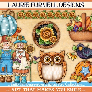 May include: A digital art collection featuring illustrations of scarecrows, owls, pumpkins, sunflowers, and a basket of fruit. The text "Hello Fall Scarecrows Digital Art Collection... ART THAT MAKES YOU SMILE..." is at the bottom of the image.
