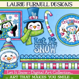 May include: A digital art collection with a winter theme. The collection includes a penguin wearing a green and white scarf, a snowman wearing a blue and green scarf, and a candy cane. The text "Let It Snow" is written in a festive font.