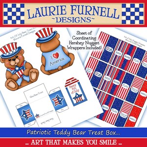 May include: Printable patriotic teddy bear treat box craft. The box is decorated with red, white, and blue stars and stripes. The box includes a sheet of coordinating Hershey's Nugget wrappers with patriotic designs. The text on the image reads "4th Of July Bear Treat Box... Art That Makes You Smile..."