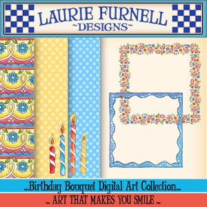 May include: A digital art collection featuring four different designs. The designs include a blue and white polka dot pattern, a yellow and white polka dot pattern, a red, yellow, and blue floral pattern, and two frames with floral borders. The text "...Birthday Bouquet Digital Art Collection..." and "...ART THAT MAKES YOU SMILE..." is included in the image.