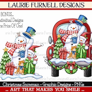 Boneco de neve de Natal PNG, Clip Art de Natal. Natal PNG, Camiseta de Natal PNG, Arte para impressão sob demanda, Laurie Furnell, Caminhão de Natal