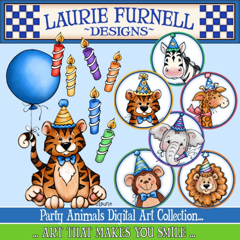 May include: A digital art collection of party animals wearing party hats. The animals include a tiger, zebra, giraffe, elephant, monkey, and lion. The animals are all wearing party hats and are surrounded by candles.