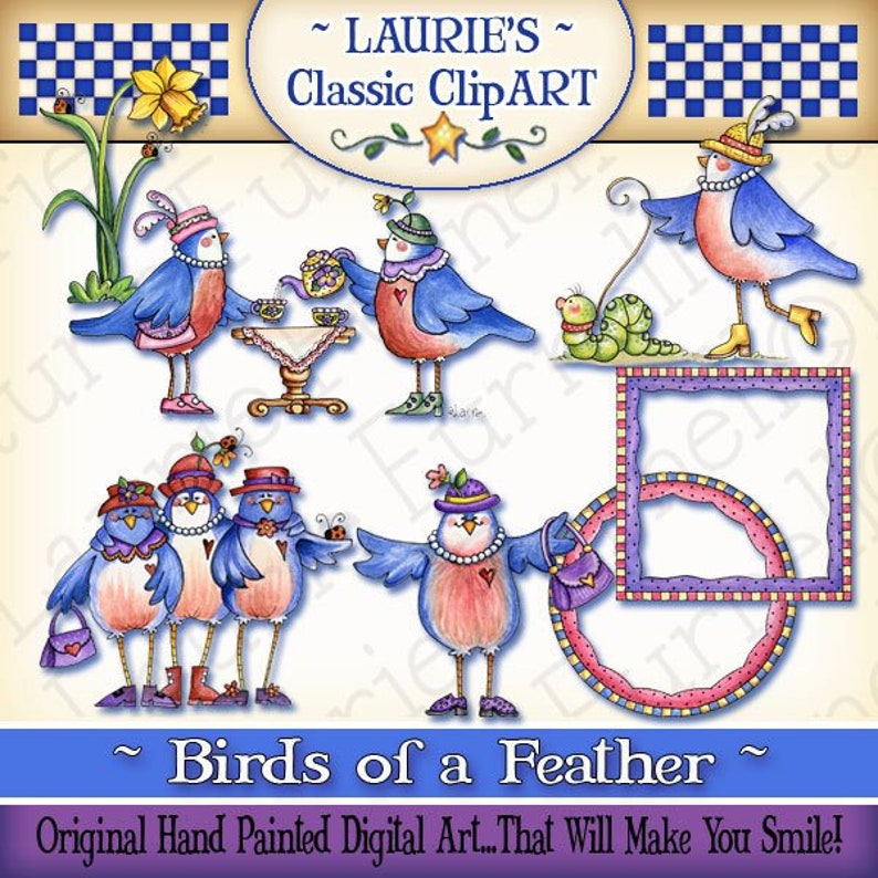 May include: A set of digital clip art featuring hand-painted illustrations of birds with various accessories and poses. The birds are blue with pink accents and are wearing hats, holding purses, and sitting at a table. The clip art also includes a green caterpillar, a frame, and a star.