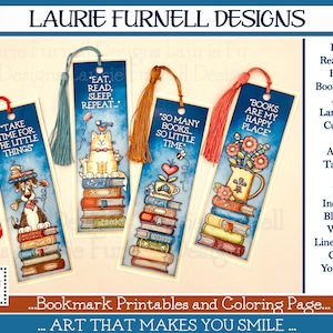 May include: Four printable bookmarks featuring colorful illustrations of books, cats, a bird, flowers, and a teapot. The bookmarks are ready to print, laminate, cut out, and add a tassel. The file includes black and white line art to color yourself. The text on the bookmarks reads "Take time for the little things", "Eat, read, sleep, repeat", "So many books, so little time", and "Books are my happy place".