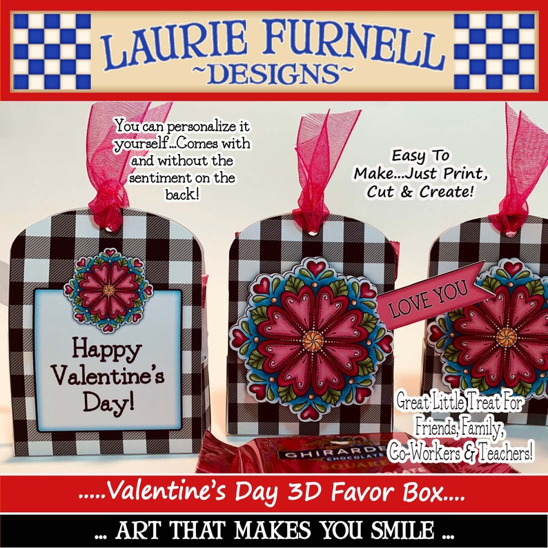 May include: Three printable Valentine's Day favor boxes with a black and white checkered pattern. The boxes feature a red heart design with a flower in the center. The text "Happy Valentine's Day!" and "Love You" are printed on the boxes.  "Great Little Treat For Friends, Family, Co-Workers & Teachers!" is printed on the bottom right box.