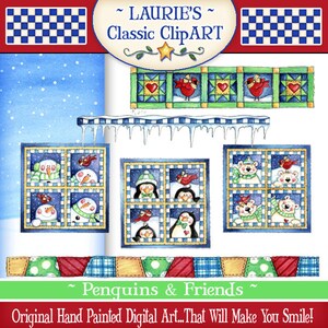 May include: A digital clipart set featuring penguins, polar bears, and snowmen in a winter scene. The clipart includes a variety of images, including penguins in a window, snowmen in a window, and polar bears in a window. The clipart also includes a variety of borders and patterns.