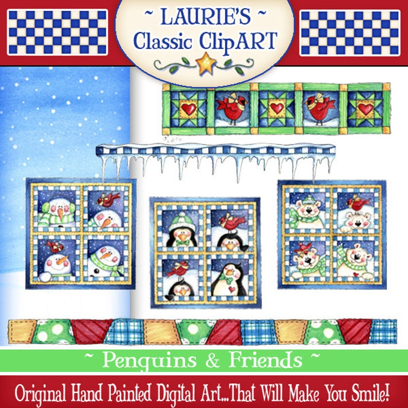 May include: A digital clipart set featuring penguins, polar bears, and snowmen in a winter scene. The clipart includes a variety of images, including penguins in a window, snowmen in a window, and polar bears in a window. The clipart also includes a variety of borders and patterns.