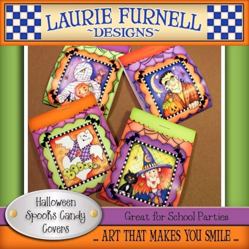 Puede incluir: Cuatro bolsas de papel coloridas con tem&aacute;tica de Halloween con im&aacute;genes de una momia, un fantasma, un monstruo de Frankenstein y una bruja. Las bolsas est&aacute;n decoradas con murci&eacute;lagos, ara&ntilde;as y telara&ntilde;as. El texto "Halloween Spooks Candy Covers" y "Great for School Parties" est&aacute; impreso en las bolsas.