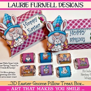 May include: A set of seven printable Hershey's Nugget wrappers featuring a 3D Easter gnome pillow treat box design. The wrappers feature a gnome with a bunny and the text "Hoppy Easter" and "Hoppy Spring".