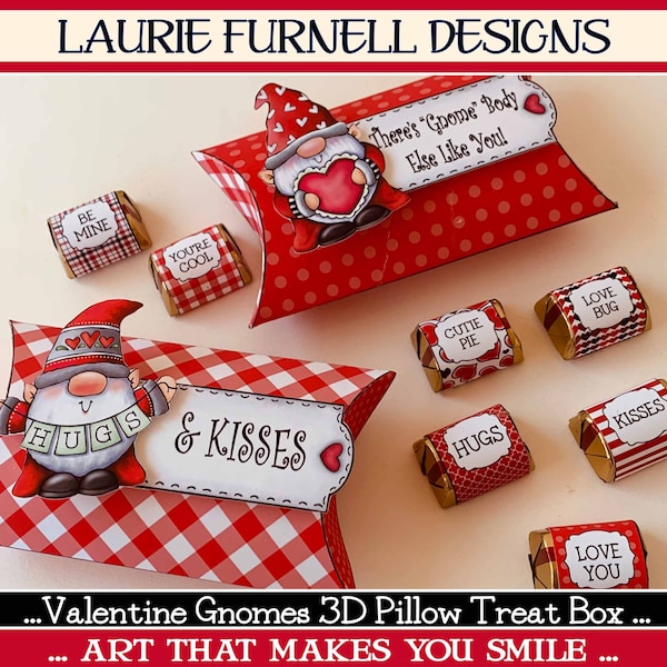 Valentine Gnome Treat Box, Valentines Day Printable Candy Box, Cute Gnome Valentine's Day Party Favor, Laurie Furnell, Gnome Candy Wrapper