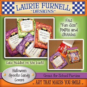 Puede incluir: Cubiertas de caramelos de Halloween Spooks para caramelos "Fun Size". Las cubiertas est&aacute;n decoradas con un dise&ntilde;o de telara&ntilde;a y presentan una variedad de acertijos con tem&aacute;tica de Halloween. El texto en las cubiertas dice: "&iquest;Qu&eacute; dijo el peque&ntilde;o fantasma a su mam&aacute;?", "&iquest;Qu&eacute; obtendr&iacute;as si cruzases una momie y una vaca?", "&iquest;C&oacute;mo se llama una bruja nerviosa?" y "&iquest;Qu&eacute; piden los monstruos en un restaurante de comida r&aacute;pida?"